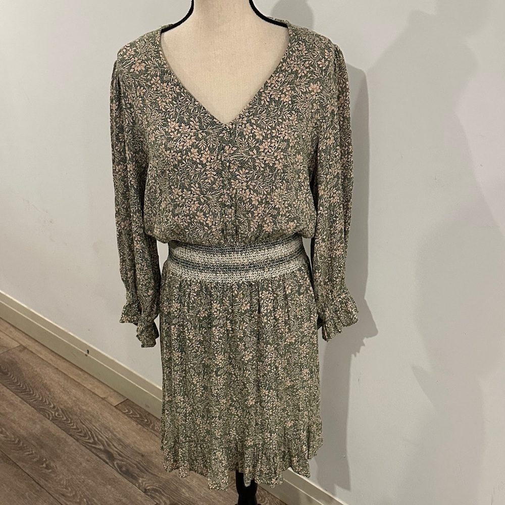Tribal Jeans Green Orange Botanical Print Dress Medium Smocked Waist Ruffle